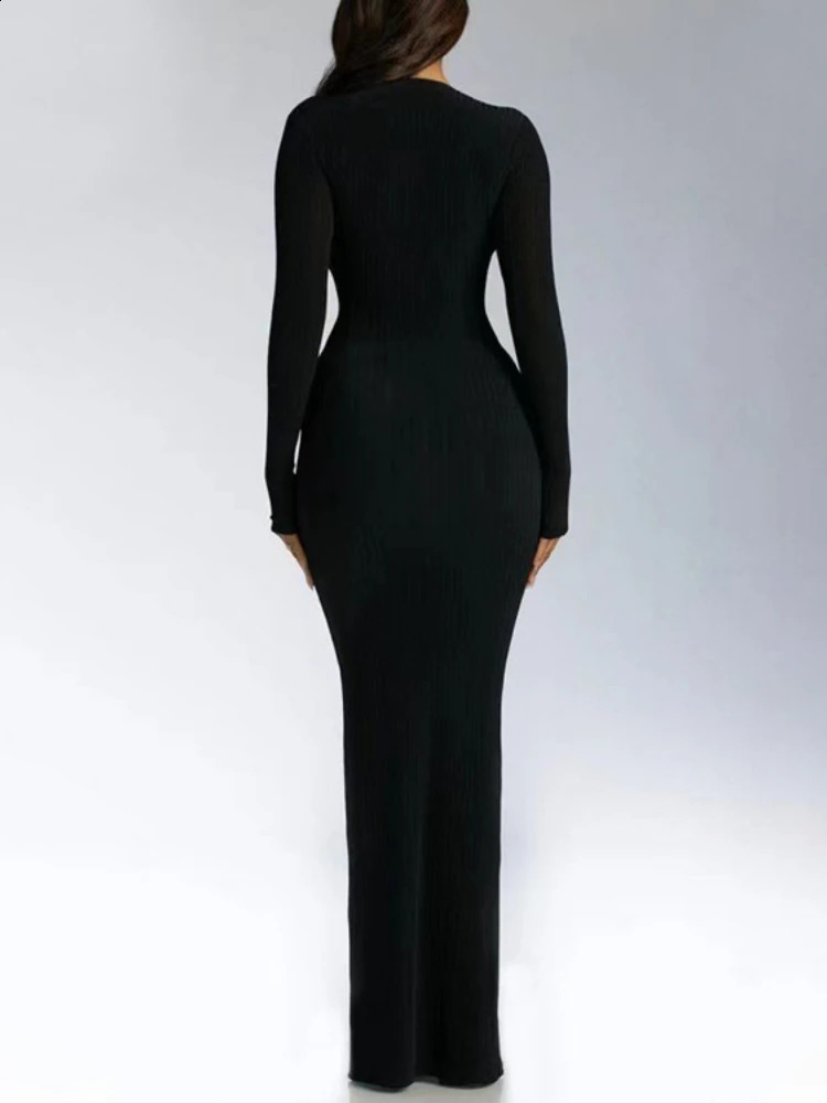 WeiYao Ribbed Long Sleeve Lace Up V Neck Maxi Dress Bodycon Sexy Y2K Streetwear Party Elegant Birthday Outfits Egirl Clothes 240815