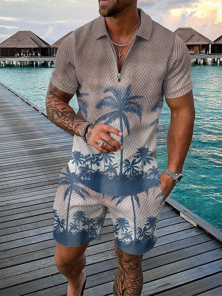 Summer Beach Element 3D Print Mens Sweatsuit set Casual Zipper Collar Polo Shirt And Shorts 2pcs Sets Fashion Man Clothing 240820