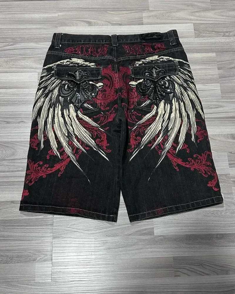 Vintage Gothic Angel Wings Embroidered Cowboy Shorts Y2K Harajuku Hip Hop Backpack Gym Shorts Punk Wide Legs Jorts Street Mens WearW240723