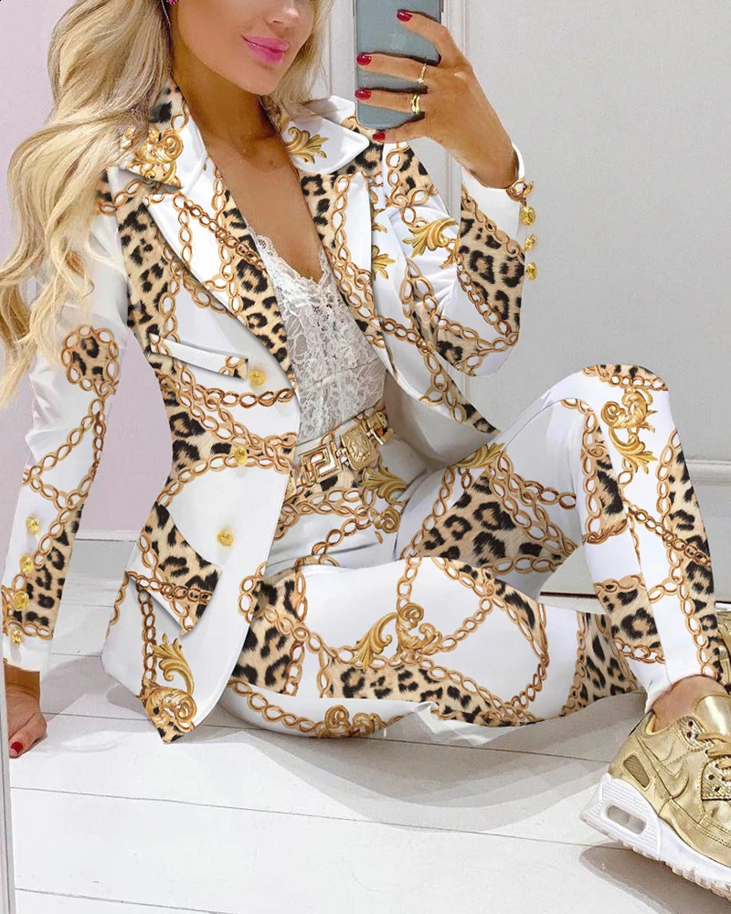 Femme Formal Jacket Trousers Office Lady Outfits Autumn Women two Pieces set Chain Print Blazer Coat Pants Suit Sets 240820