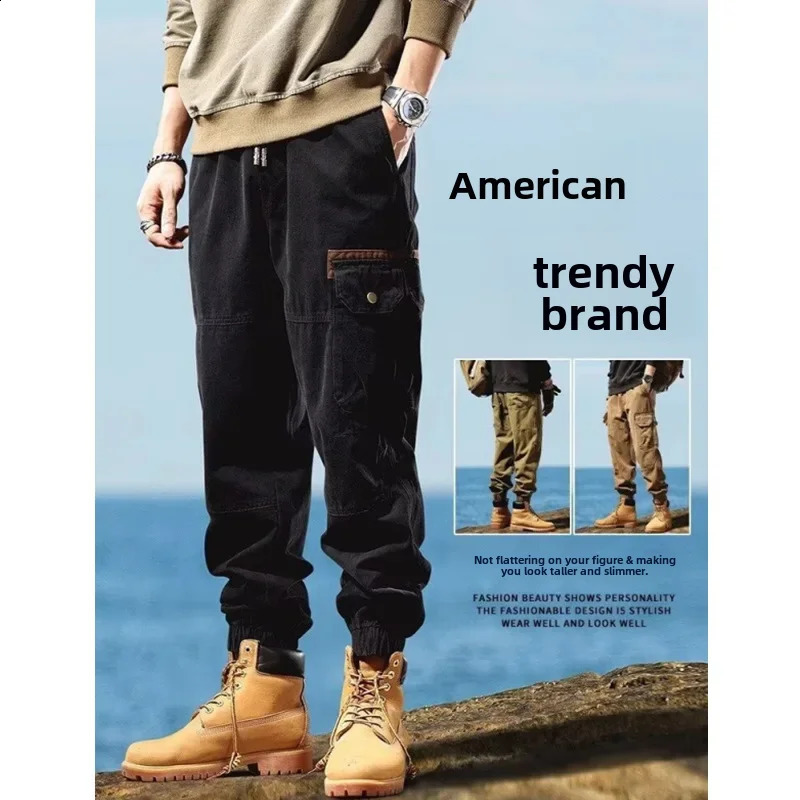 American style retro multi pocket cargo pants with straight legs and loose fit suitable for small feet khaki diamond casual mens 240821
