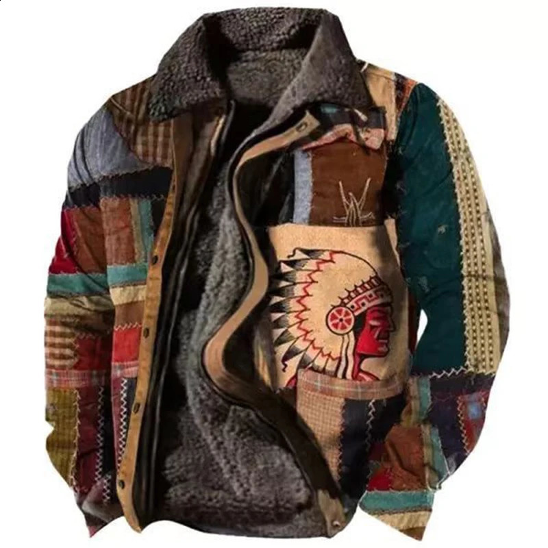 Winter Mens Warm Thick Fleece Lining Jackets Vintage Pattern Print Patchwork Turndown Collar Buttoned Coats Men Outerwear 240821