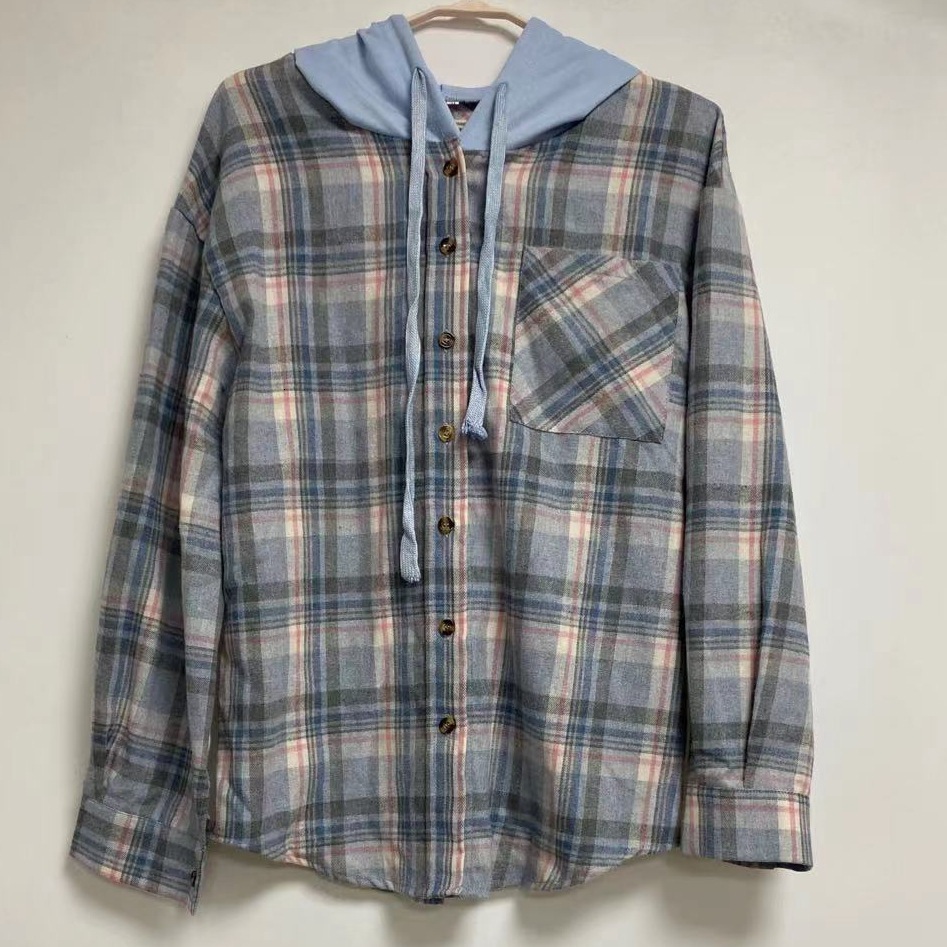 2023 New Autumn/Winter Hooded Colored Single breasted Casual Checkered Shirt Coat Women's