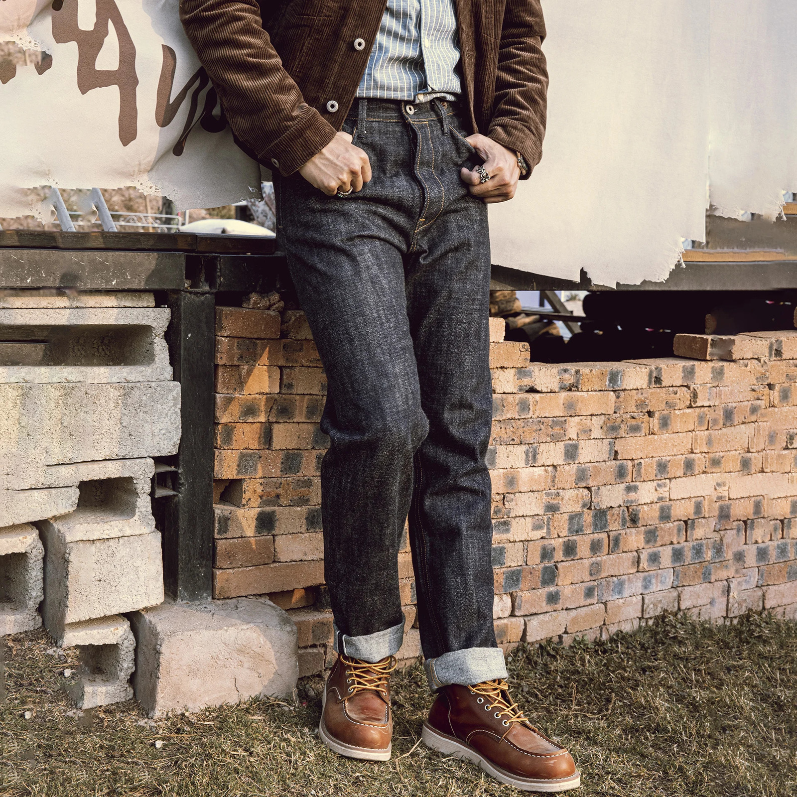 FBC0001 Red Tornado Reading Description! 14 oz indigo shoulder strap pants a washed pair of Sanforized denim buckle jeans 240820