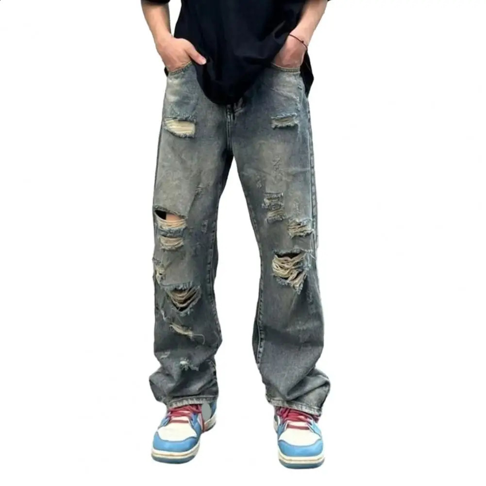 Hip Hop Style Jeans Streetwear Mens Ripped Hole Wide Leg Jeans with Multi Pockets Distressed Details for Casual Hip Hop Style 240821