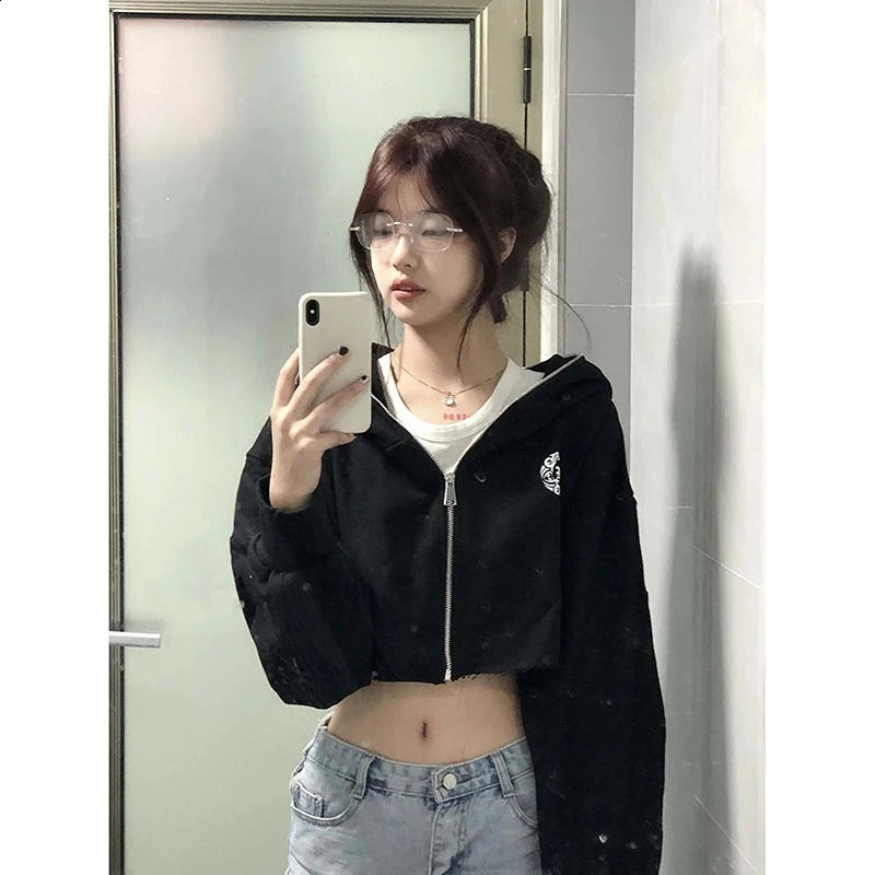 Zipup Hooded Coats Black High Waist Sudadera Short Sweatshirt Y2k Crop Tops Casual Women Zipper American Vintage Streetwear 240821