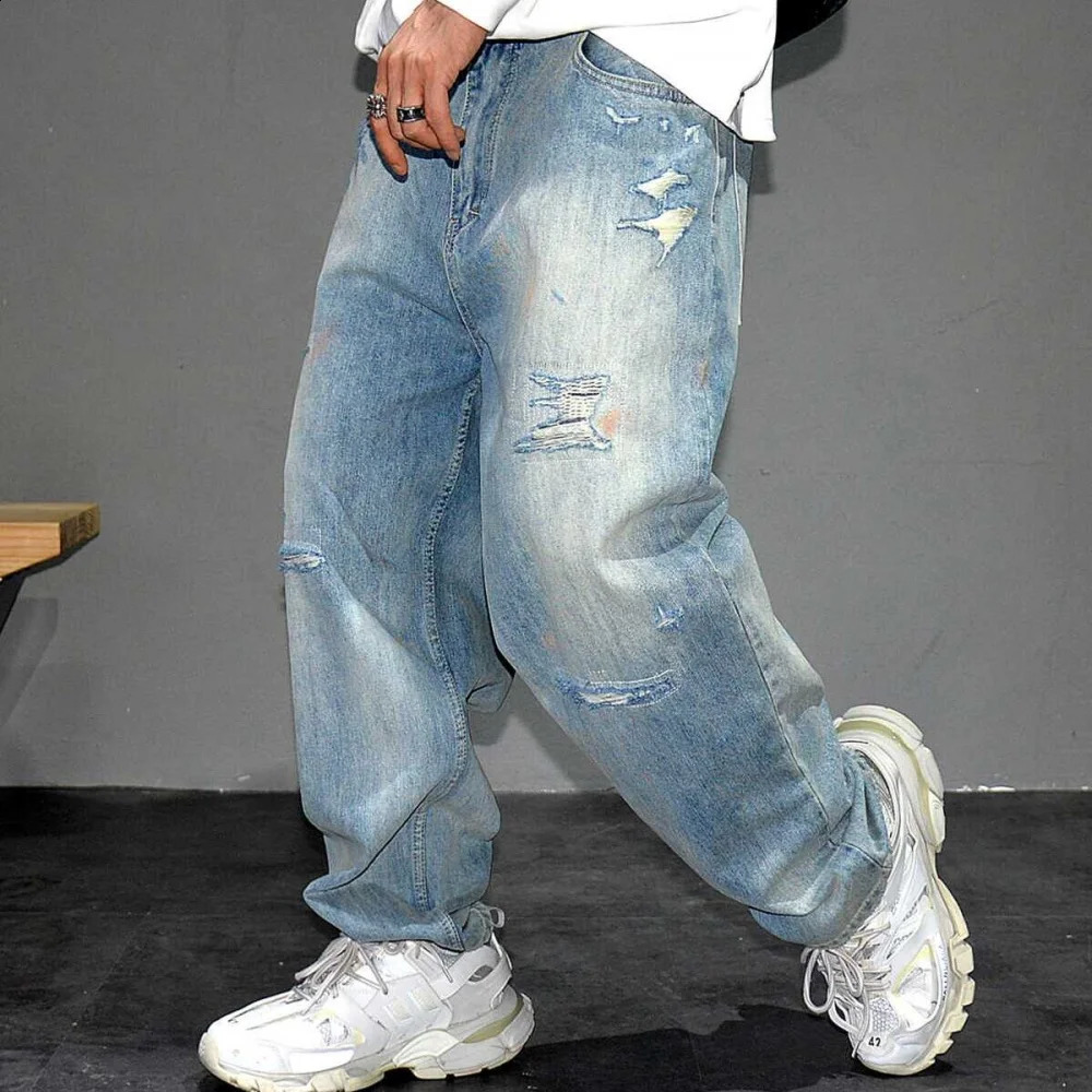 American Streetwear Distressed Ripped Jeans For Men Korean Fashion Baggy Denim Cargo Pants Hip Hop Skateboard Trousers Male 240821