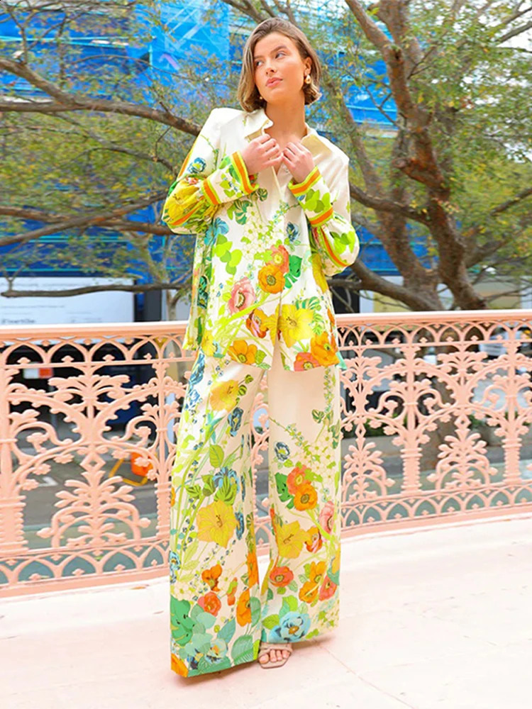 Print Wide Leg Pants Suits Women Vintage Long Puff Sleeve Lapel Shirt Elastic Waist Autumn Casual Streetwear Lady Two Piece Sets 240820