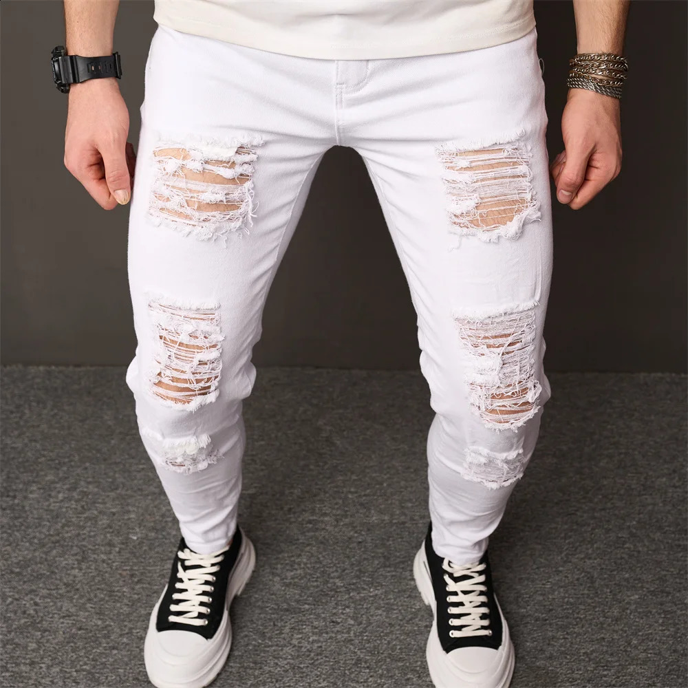 Streetwear Holes Skinny Jeans Stylish Men Stretch Slim Trousers Distressed Ripped Solid Male Casual Pencil Denim Pants 240821