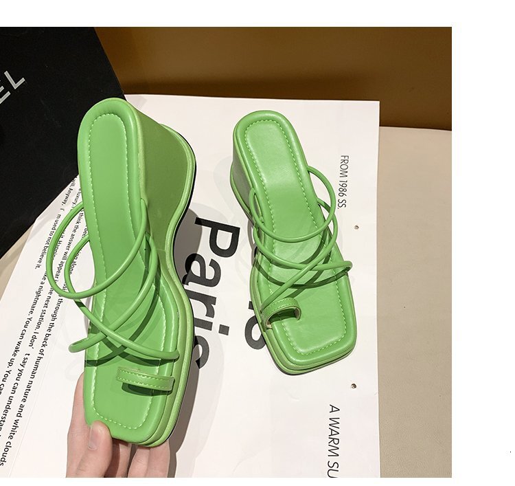 Ddmysports Slope Heel Slippers Women S Summer New Style Square Thick Bottom Straight For External Wear Cross Strap Toe Clip Cool Slipper OUTDOOR