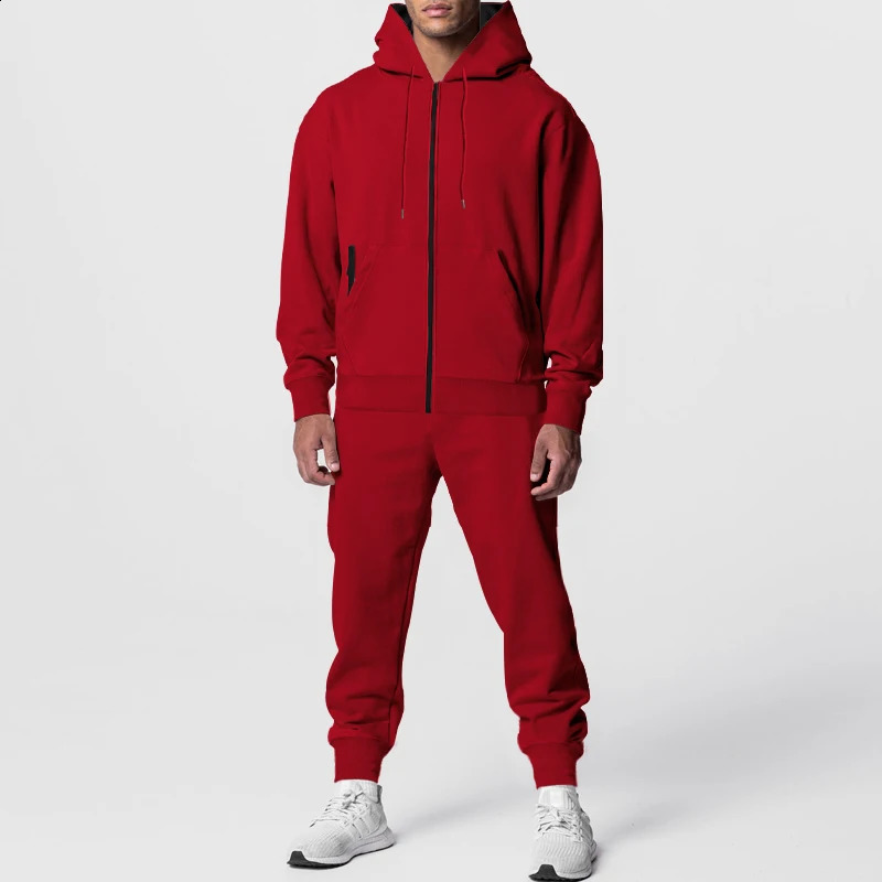 Autumn Mens Suit Plus Fleece Solid Color Double Pocket Slim Hoodie Pants Sports Suit Casual Fashion Mens Clothing 240821