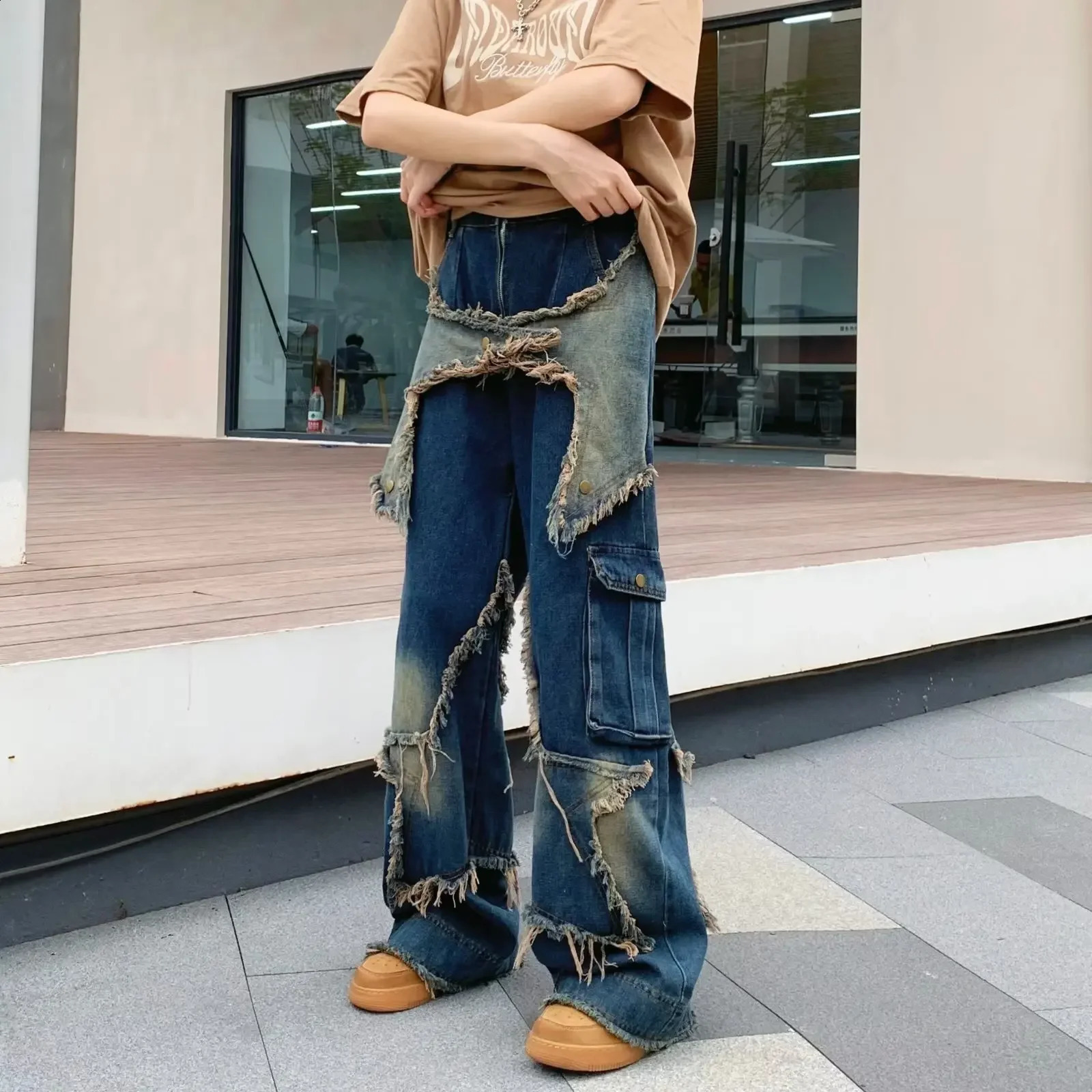 Vintage Wide-leg Denim Jeans For Men Niche n Sensibility Straight-leg Loose-fit Slimming Drag-ground Pants American Style 240821