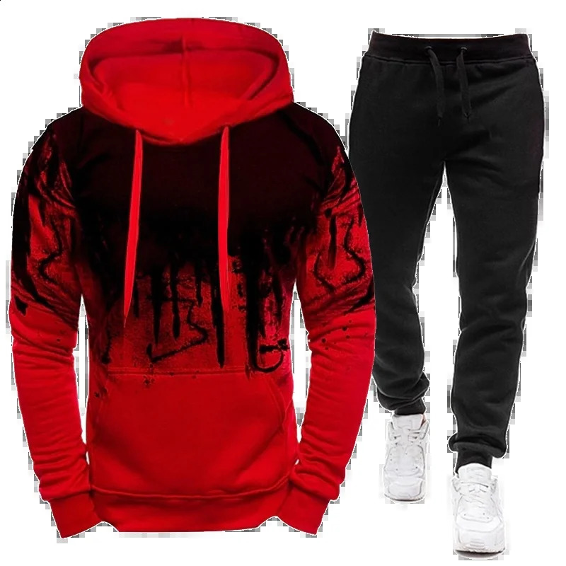Sportswear Mens casual Hoodie pants 2-piece autumn and winter jogging splash ink long sleeve splash ink sweater suit S-4XL 240821