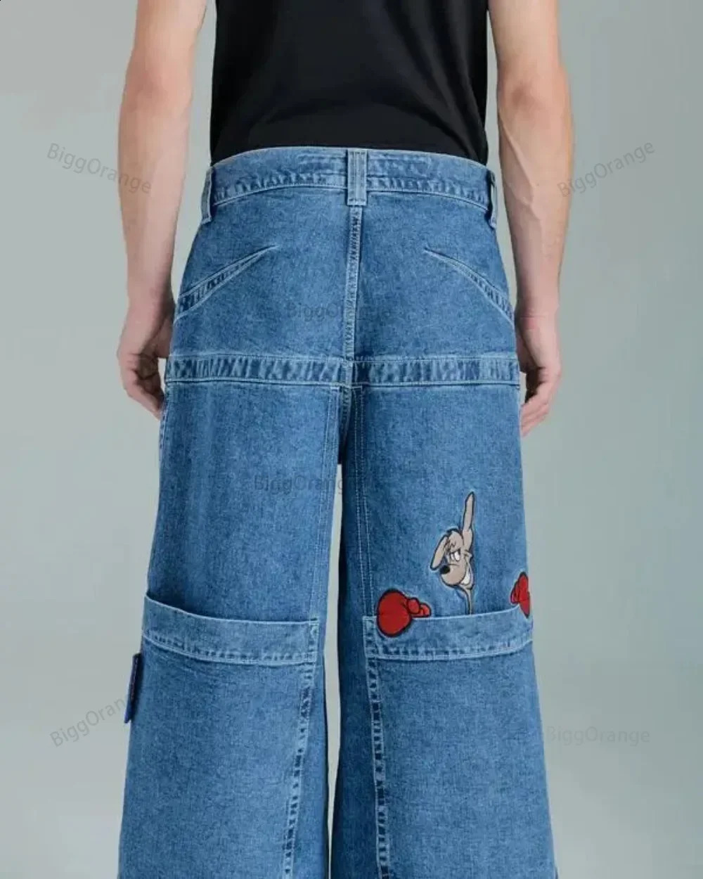 Harajuku Personality Big Pocket Boxing Kangaroo Print Wash Wide Leg Jeans Y2K HipHop Street Casual Loose Denim for Men and Women 240821