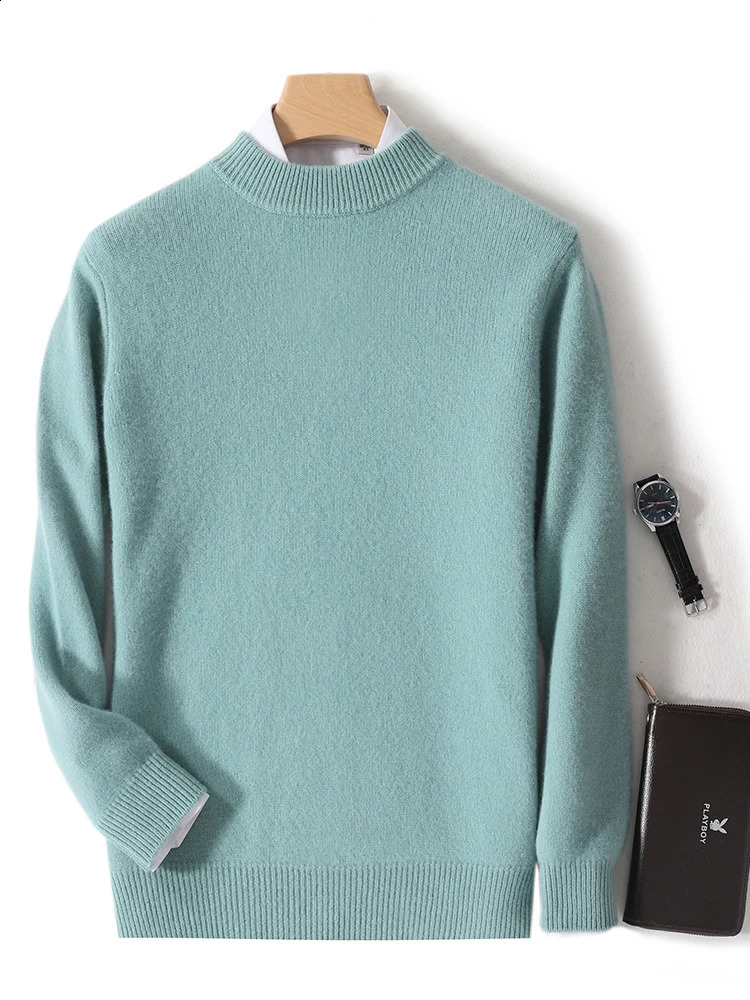 Mens Mock Neck Long Sleeve Pullover Sweater Autumn Winter Thick Basic Smart Casual Jumper 100% Merino Wool Knitwear Tops 240821