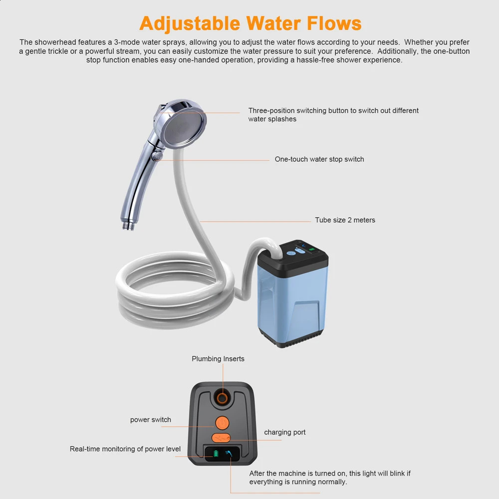Outdoor Electric Shower Pump Portable Camping Rechargeable Battery Powered Waterproof for Beach Pet Watering 240820