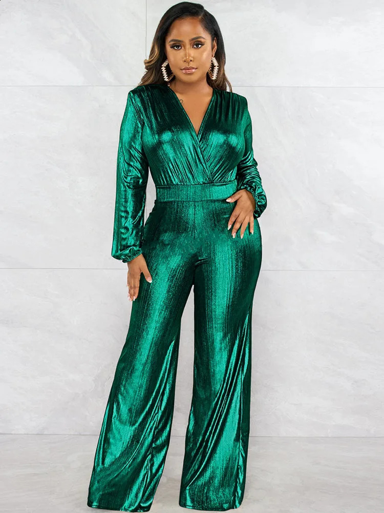 Glitter Metallic Party Nightclub Jumpsuit Women Evening Elegant High Waist Wide Leg Romper Long Sleeve Christmas Birthday Outfit 240820