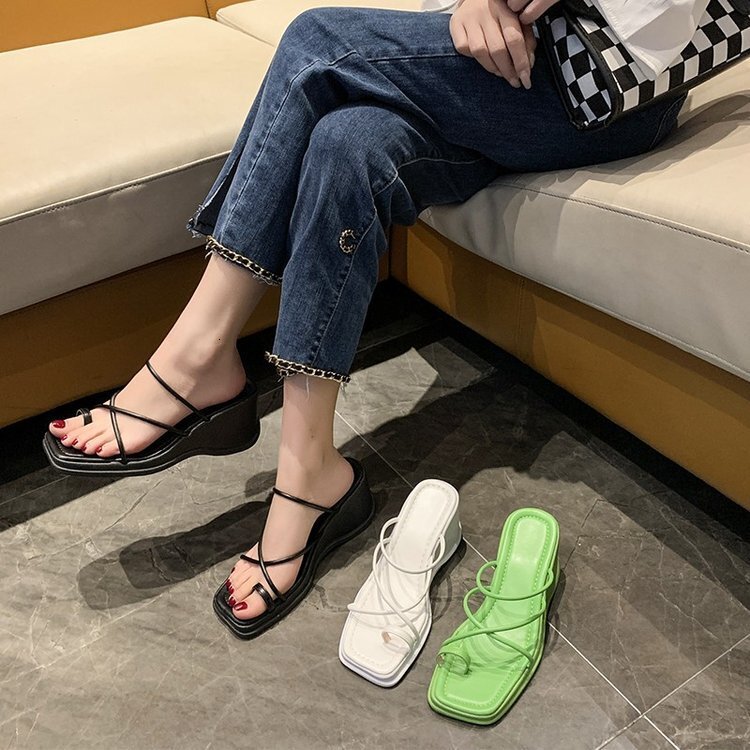 Ddmysports Slope Heel Slippers Women S Summer New Style Square Thick Bottom Straight For External Wear Cross Strap Toe Clip Cool Slipper OUTDOOR