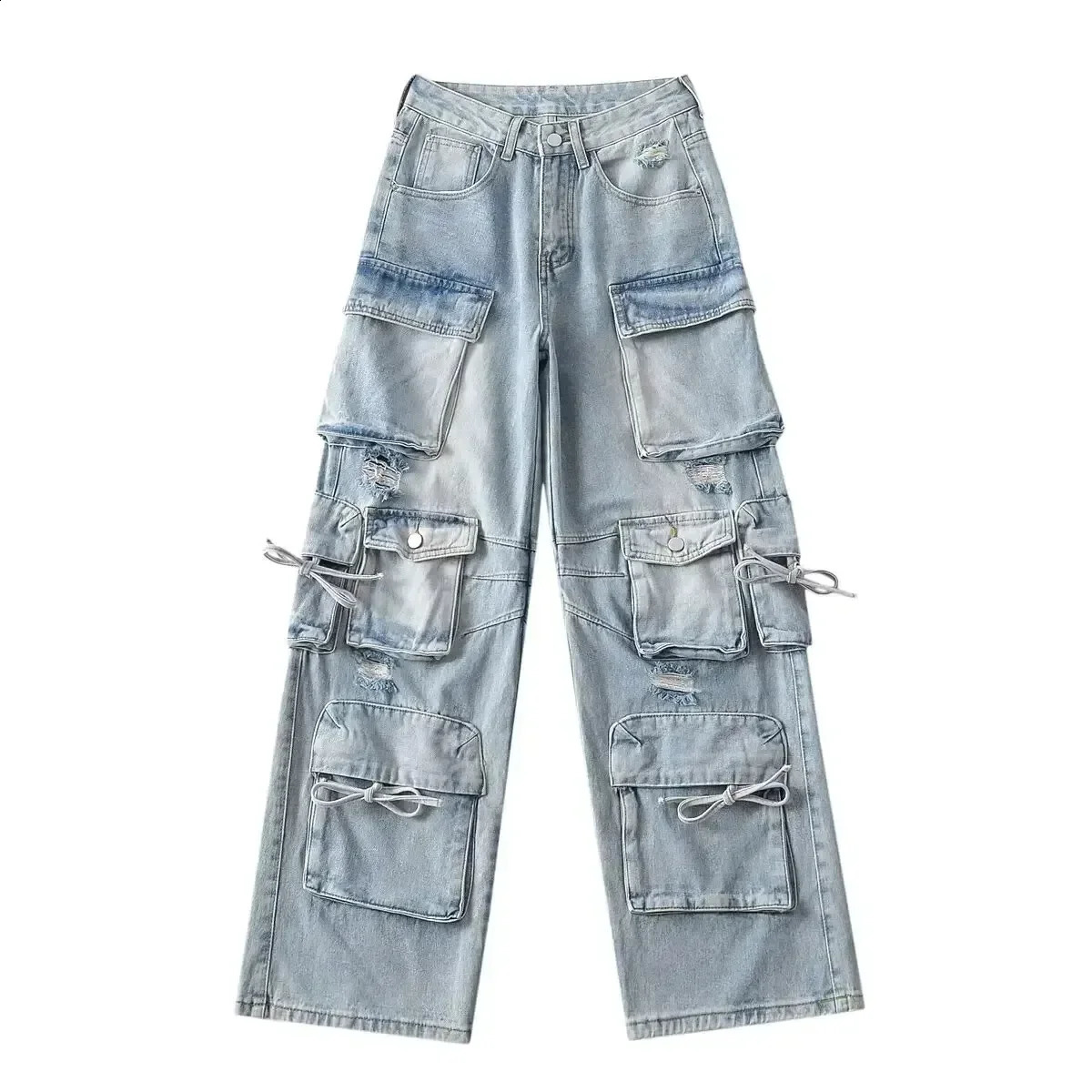 Aoaiiys Ripped for Women American Style Denim Pants Loose Wide Leg Trousers Vintage Strtwear High Waisted Jeans Z260313