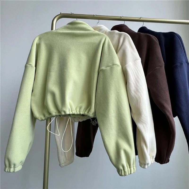 Streetwear Zipper Up Cropped Sweatshirt Women Autumn Casual Long Sleeve Lambs Wool Jacket Woman Drawstring Stand Collar Coats 240821