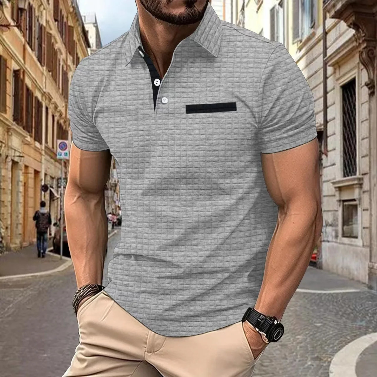 2024 summer mens fashion casual solid color loose version of t shirt mens sports fitness jacquard check POLO shirt 240821