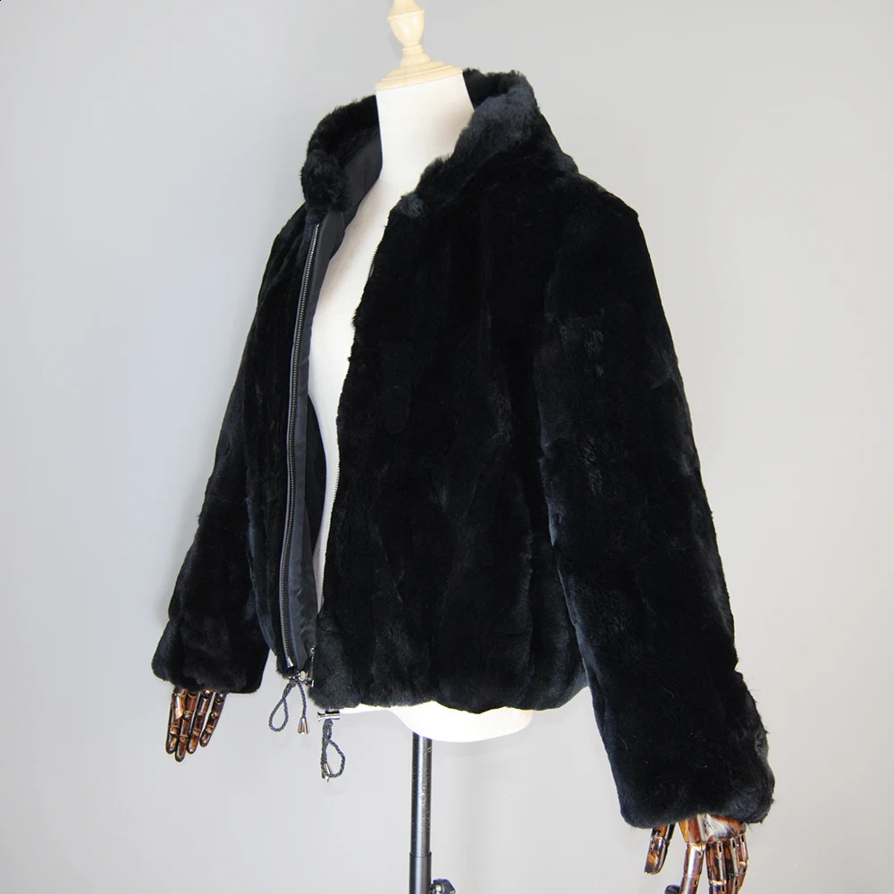 Winter Woman Real Rex Rabbit Fur Coats Girls Warm Natural Hooded Jackets Fashion Zipper Genuine Outerwear 240820