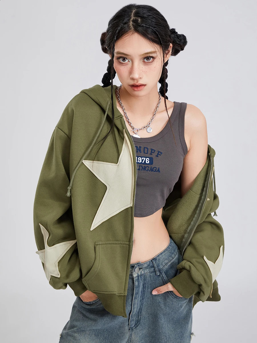 Womens Autumn Casual Hoodie Long Sleeve Star Printed Zipper Drawstring 240821
