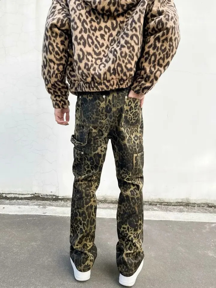 Baggy Leopard Print Y2k Jeans Man Casual Wide Leg Denim Pants Fashion Streetwear Retro Straight Jeans korean fashion 240821