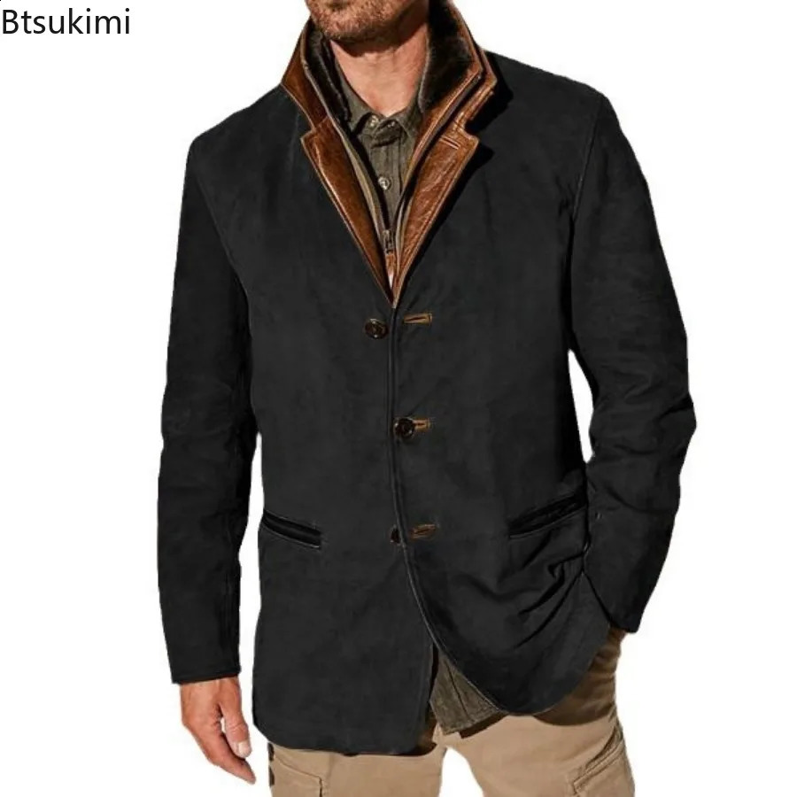 Vintage Men Blazer Jacket 2024 Fall Winter Male Casual Classic Buttonup Coat Fashion Slim England Style Lapel Outerwear 24