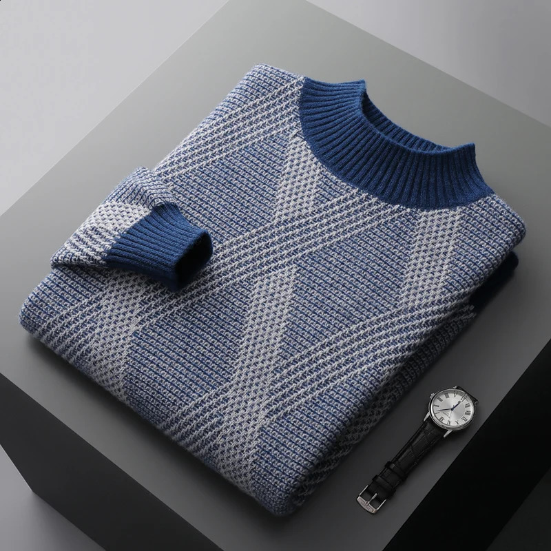 100% pure woolen sweater in autumn and winter mens semi-high collar seat thick sweater loose contrast cashmere knit bottomin 240821