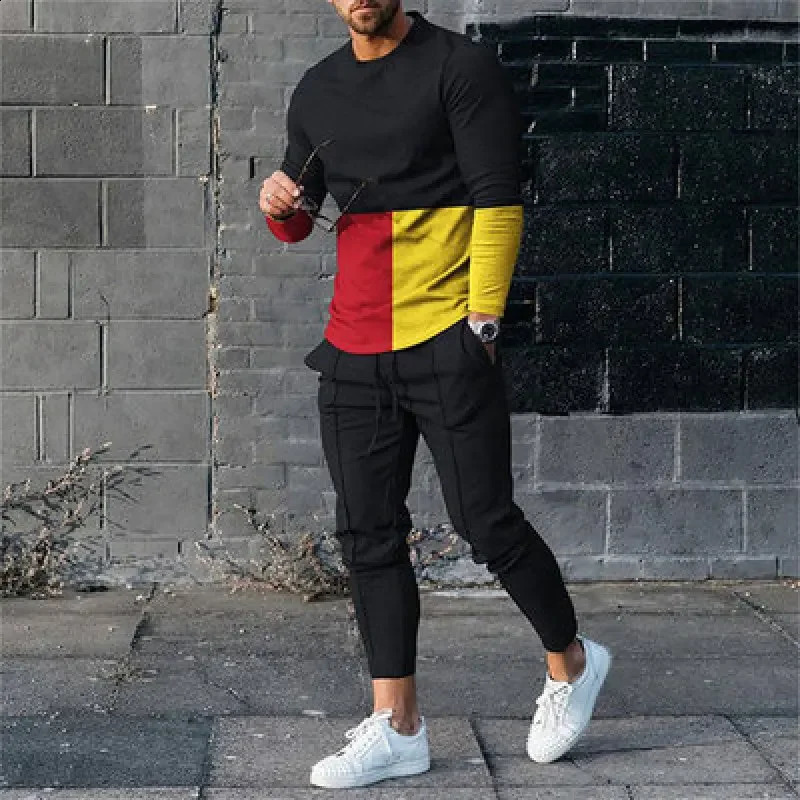 Sweater Set Mens Casual Loose Fit Large Fashion Versatile Trend Round Neck 3D Silent Print 2-Piece Set 240821
