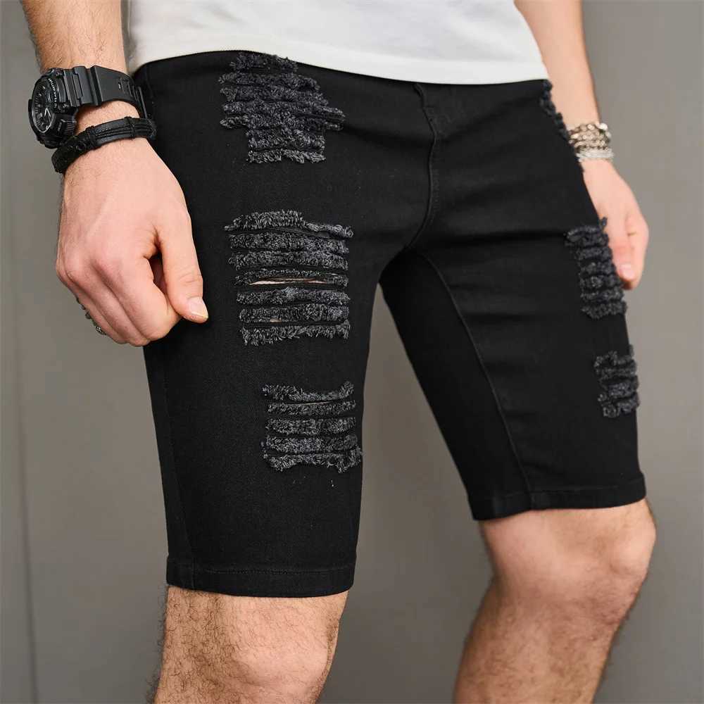 Street mens hole Distressed ultra-thin beach denim shorts summer fashion solid mens casual jeans five point pants W241226
