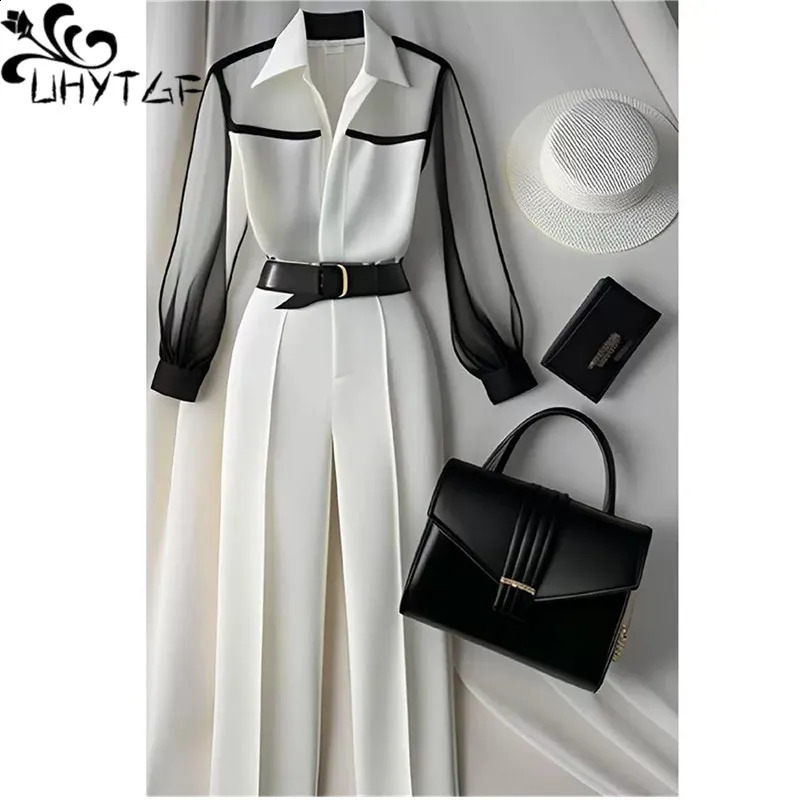 White Tailored Trousers Loose Pants Suit Womens Two Peice Sets Vintage Perspective Shirt Autumn Blouse Sleeve Korean Top 642 240820