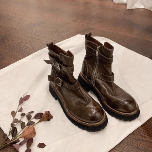 Ddmysports Same Style As Su Yinyin Annual Combat Boots Washed Wrinkle Orse Leather Buckle Strap Thick Eel Martin Short Women S Motorcycle OUTDOOR
