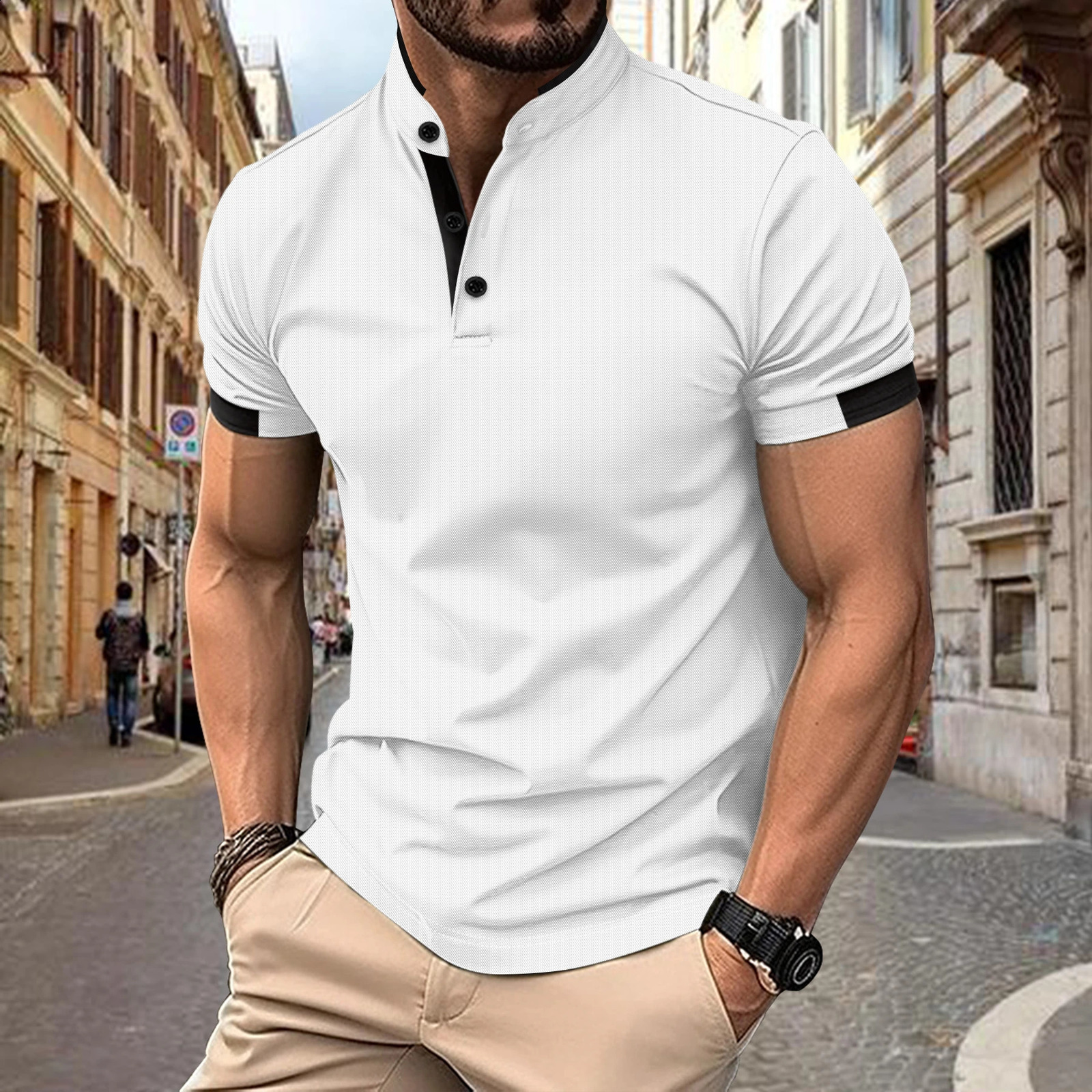 2024 Summer mens Henry Neck short-sleeved polo shirt Business casual button fashion breathable T-shirt 240821
