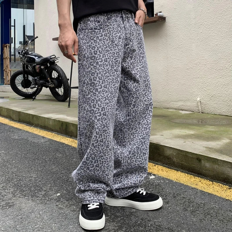 est Leopard Printed Jeans For Men Casual Straight Long Pants Light Washed Baggy Trousers Male 240821