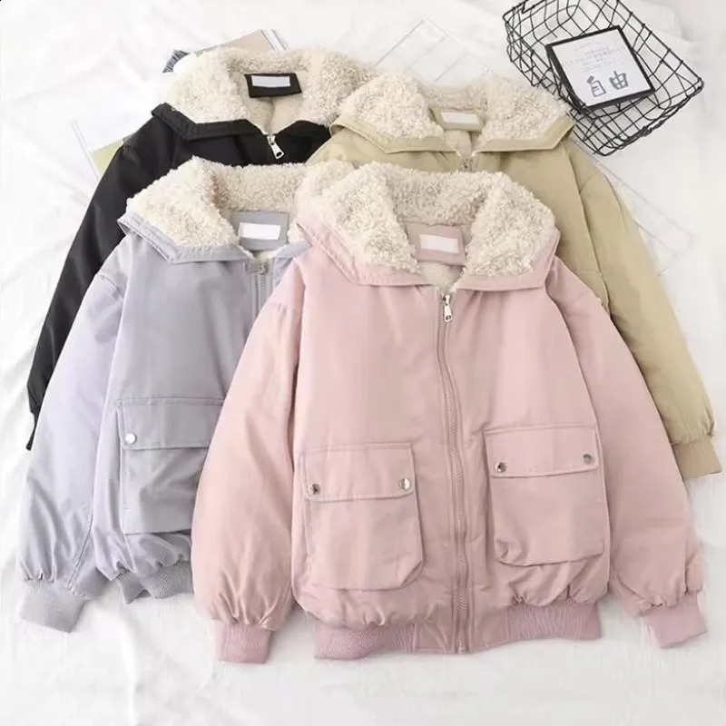 Winter Short Parka Pink Fleece Down Coats Fashion Hairy Puffer Jacket Ladies Korean Pockets Thick Cotton Padded Outwear 240821