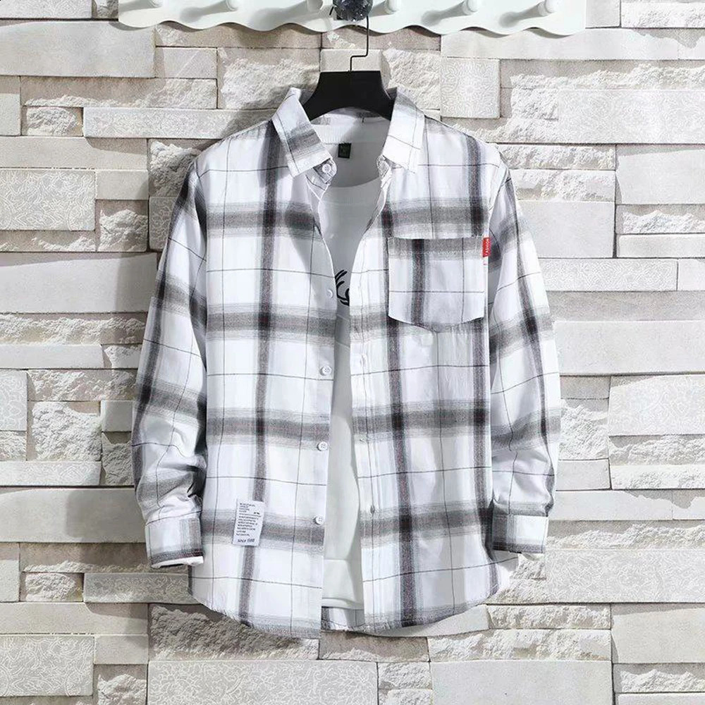 Mens Casual Plaid Shirt Polyester Long Sleeve Lapel Loose Top Coat Street Retro Korean Fashion L5xl 24