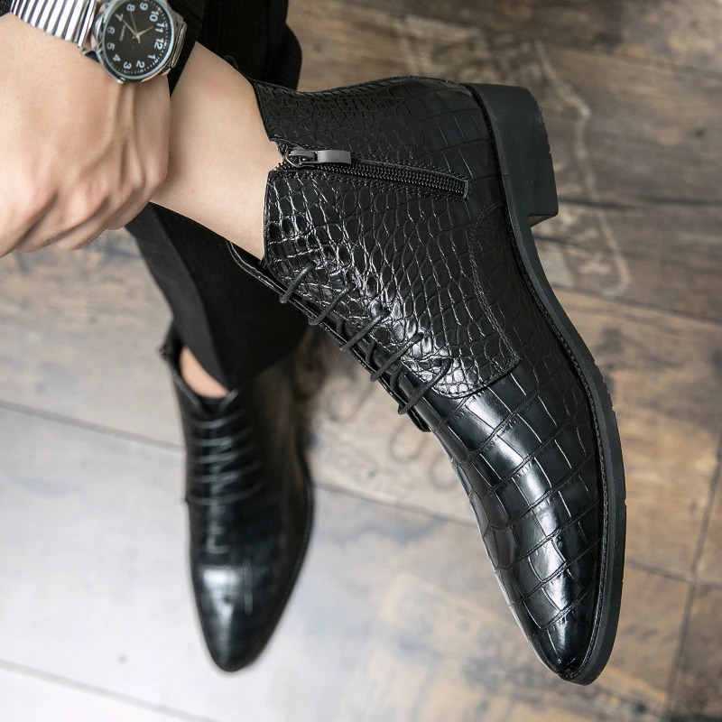 Spring Boots Chelsea Mens Leather Boots Lace Upper Ankle Boots Pointed Toe Low Heel Thick Bottom Business Boots Plus Size 38-48 240821