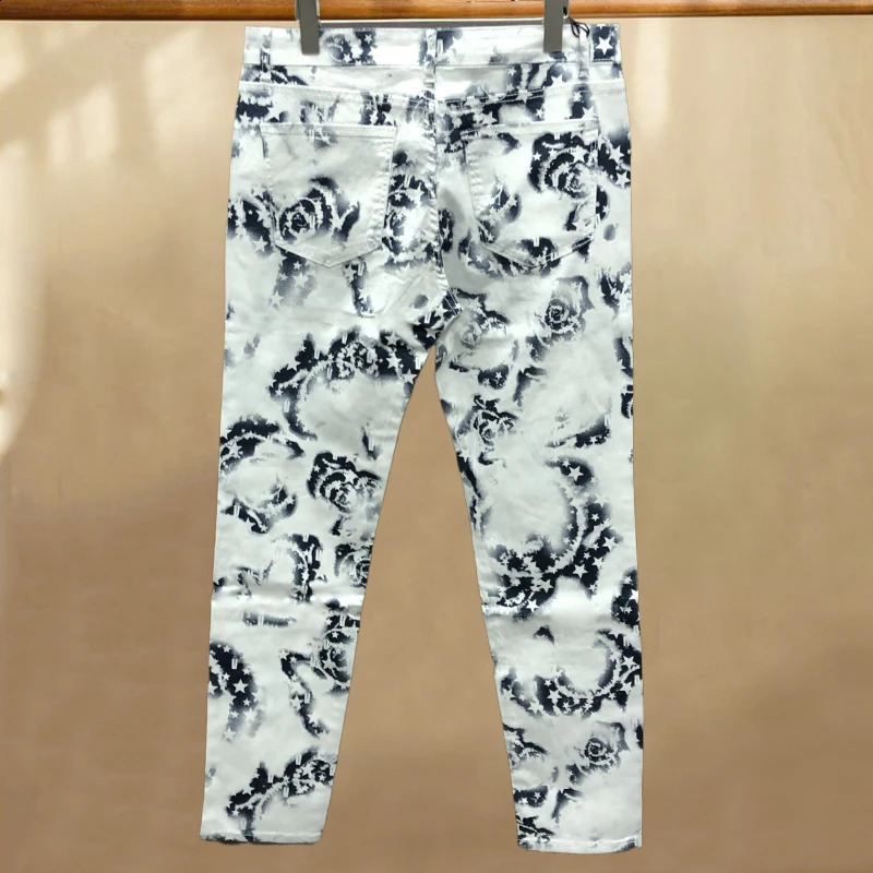 Mens Street Elastic Pant Trendy Slim Fit Jeans Personalized Print Pantalon Mens Punk Denim Long Pants Hip Hop Jeans Homme 240821