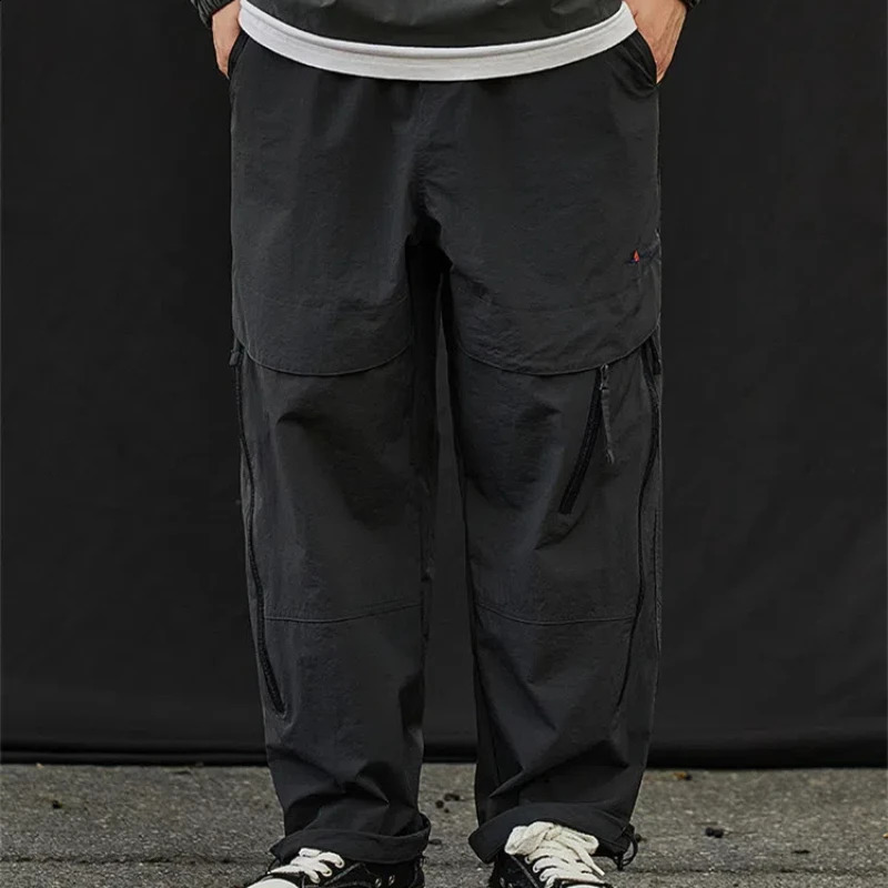 Retro British Spring and Autumn Mens Solid Color Zipper Pocket Elastic High Waist Casual Loose Cargo Sports Pants 240821