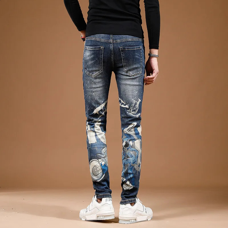 fashion printed personalized jeans for mens street slim fit elastic feet high end trendy denim pants 240821