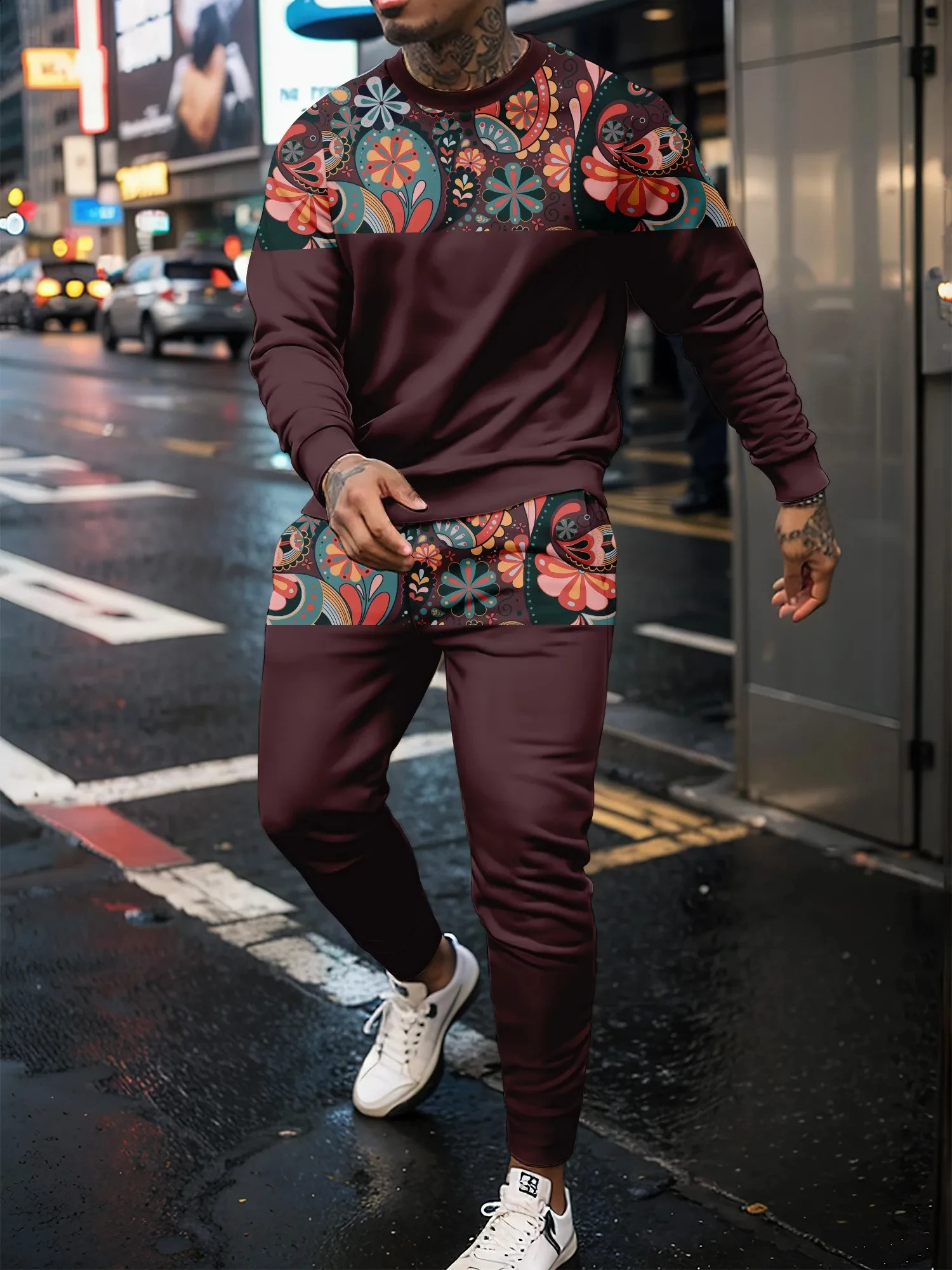 3D Splicing Mens Casual Suit With Round Neck Long Sleeve And Long Pants Fashion Mens Sports Street Personalized Jogging Suits 240821