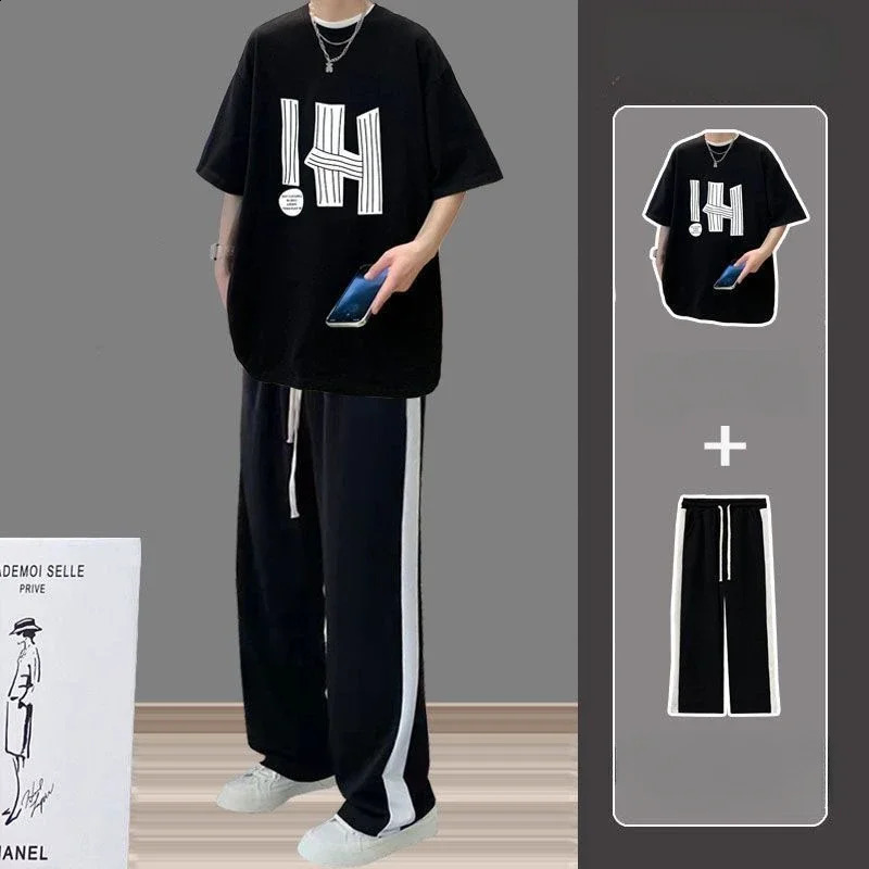Jogging T-shirts Pants Suits for Men Smooth Cotton Jogger Running Man Trousers Sets Black Two Piece Set Korean Style Chic S 240821