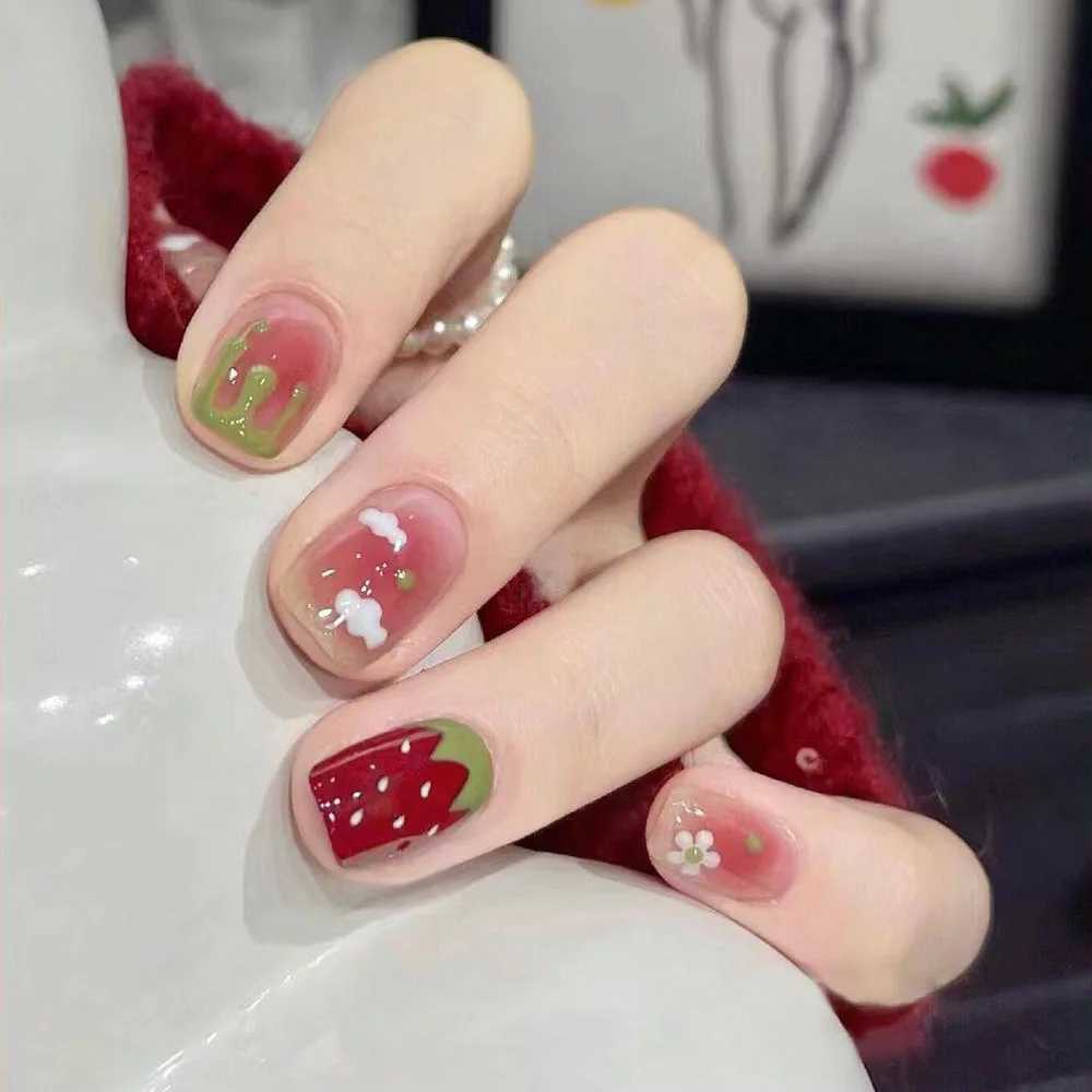 24pcs Sweet Ins Fake Nails Iced Strawberry Cloud False Nail Patch Cute Short Wearable Full Finished Press on Nails For GirlsXJ241025