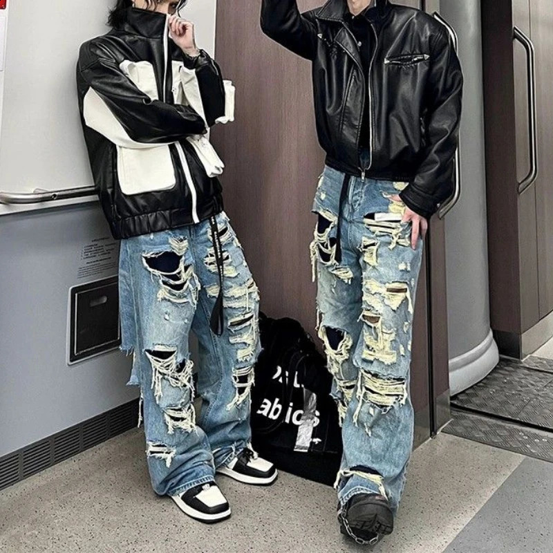 Blue hole n high street high waisted jeans men y2k baggy hip hop fashion trend straight wide leg pants vintage 240821