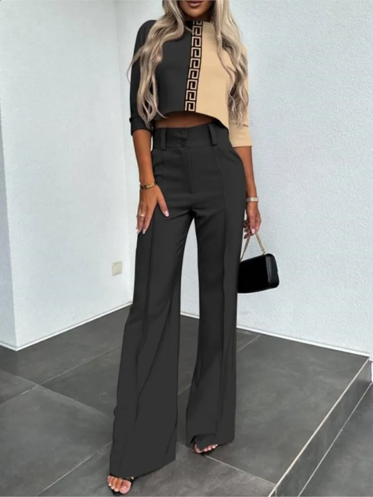 Casual Long Sleeve Shirt Pants Set Office Lady Spring Autumn Fashion Solid O-neck Tops Trousers Two Piece Set Women Outfit 240820