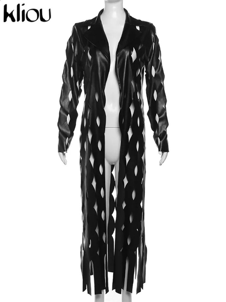 kliou Leather Hollow Out Jacket Autumn Full Sleeve Lapel Tassel Long Coats Solid AllMatched Unique Lady Trend Streetwear 240820