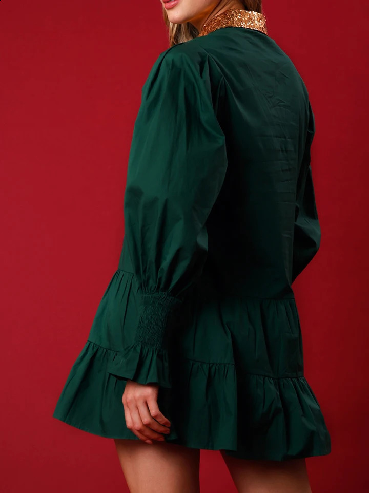 Womens Sequin Christmas Outfit Holiday Nutcracker Sequin Tiered Dress Sweatshirt Merry Christmas Mini Shirt Dress o240821