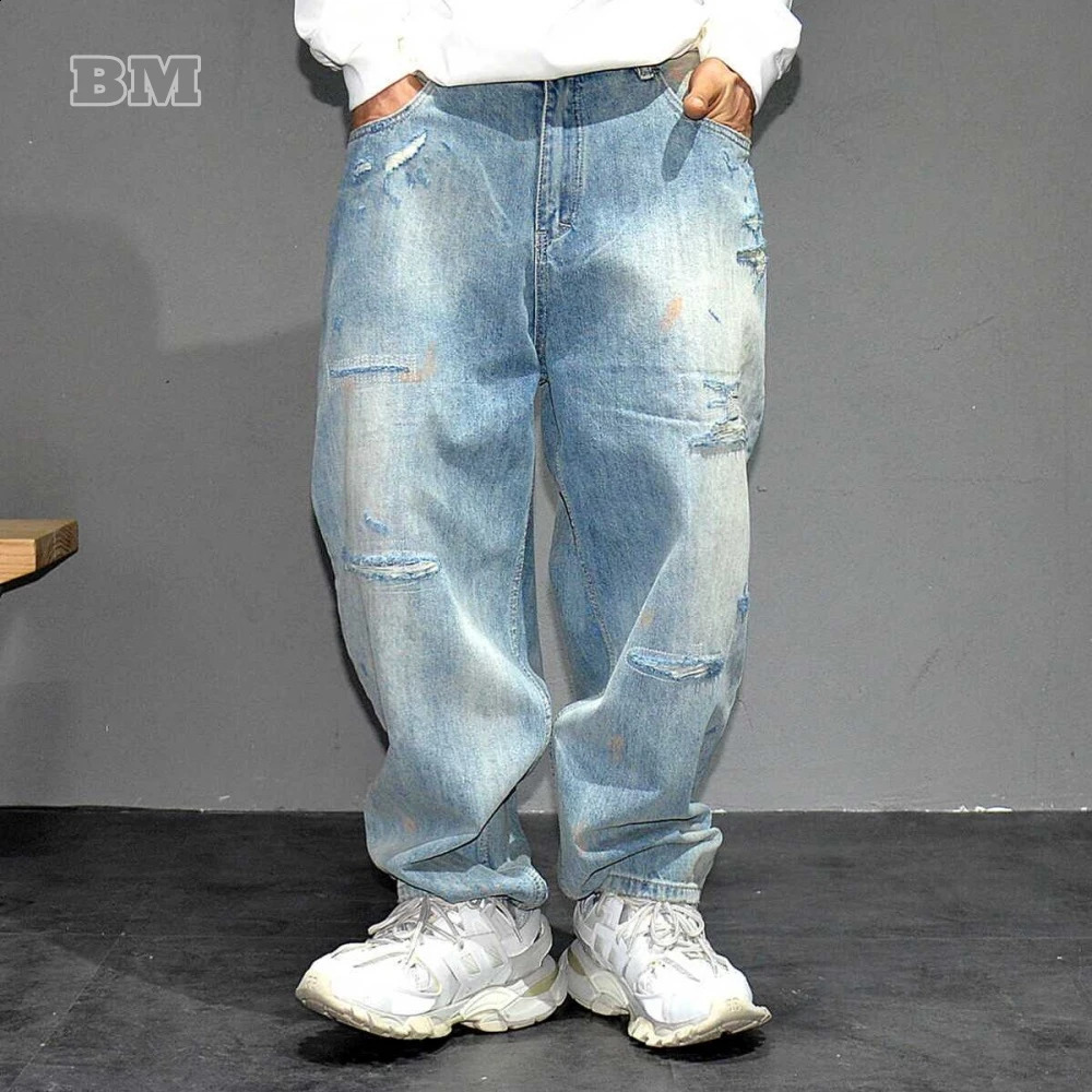 American Streetwear Distressed Ripped Jeans For Men Korean Fashion Baggy Denim Cargo Pants Hip Hop Skateboard Trousers Male 240821